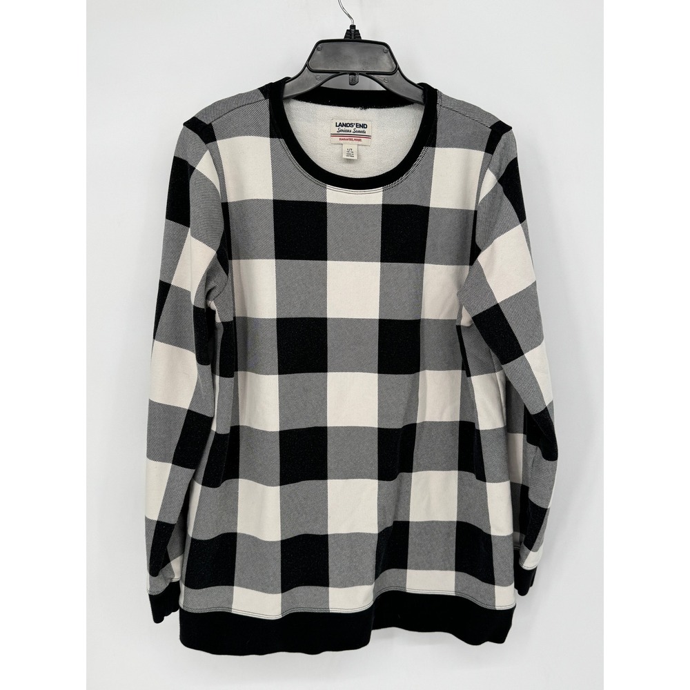 Lands End Serious Sweats Sweatshirt Womens L/T Black White Buffalo Check Good